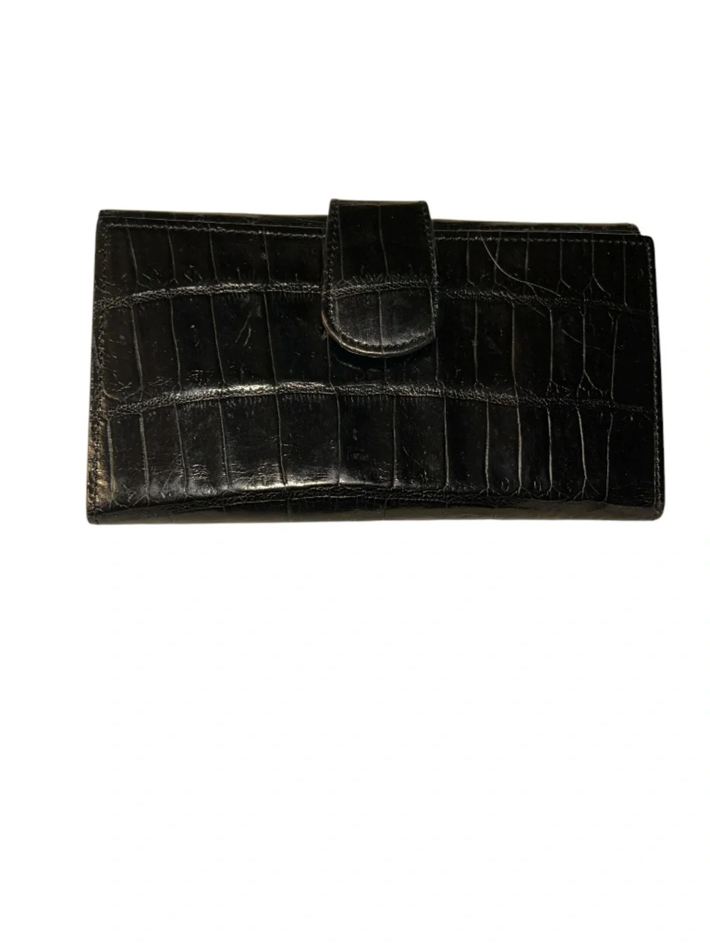 Brighton Black Croc-Embossed Wallet with Silver Corner Accents